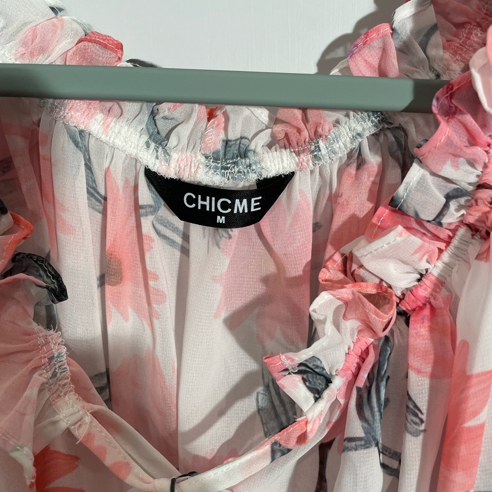 Chic Pink Sheer and White Floral Blouse with Ruffles - Picture 2 of 13